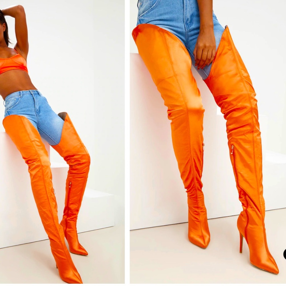 Over the knee orange satin boots with heel
